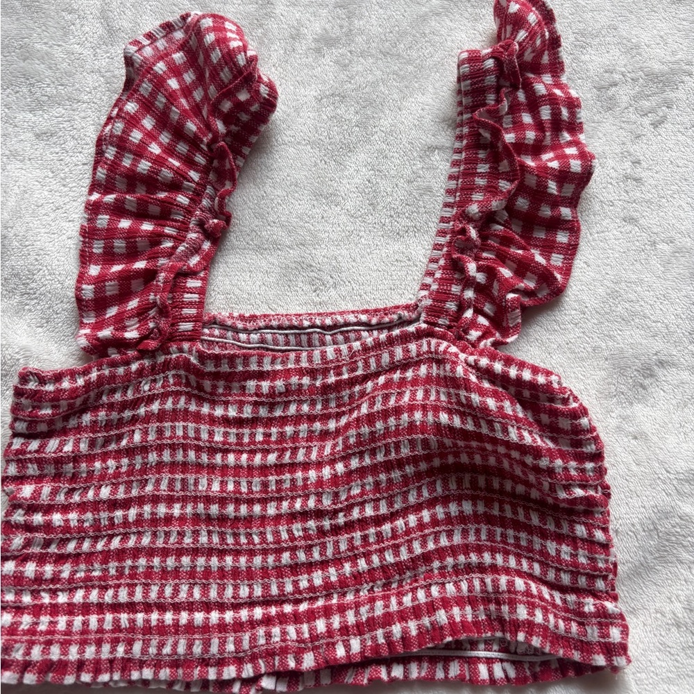Altar'd State Red and White Smocked Ruffle Tank Top